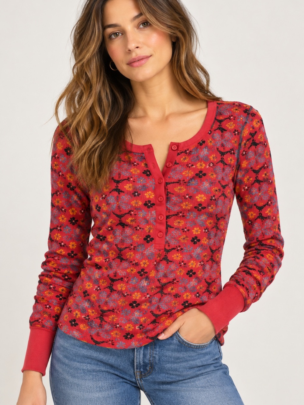 Free People Thermal Henley Top 100% Cotton Red Multicolor Long Sleeve